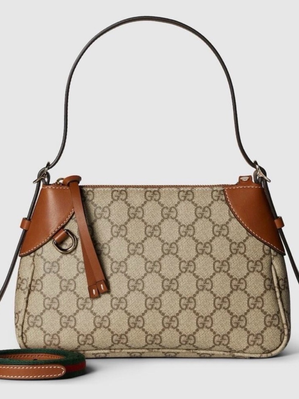 Gucci Beige and Brown GG Canvas Shoulder Bag with Leather Trim